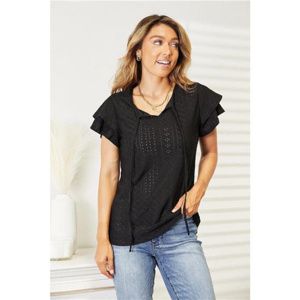 Mandy Eyelet Tie-Neck‎ Flutter Sleeve Blouse